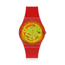 Swatch RETRO-ROSSO GR185 – Αναλογικό Ρολόι Unisex με Διάφανη Κίτρινη Καντράν και Κόκκινο Σχέδιο